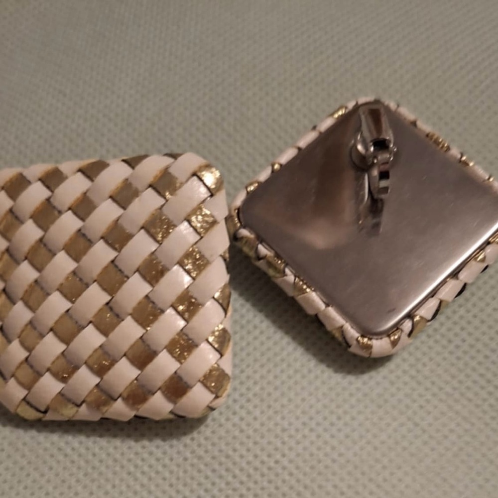 White and Gold Woven Square Earrings - Vintage 60s